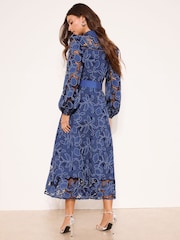 Lipsy Navy Premium Belted Puff Sleeve Embroidery Shirt Maxi Dress - Image 4 of 4