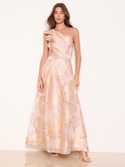 Lipsy Champagne Gold Premium Jacquard One Shoulder Maxi Dress - Image 1 of 4