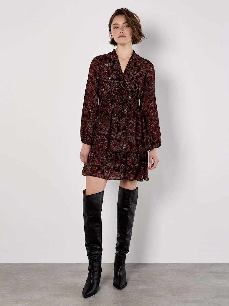 Apricot Orange Batik Paisley Ruffle Detail Dress - Image 1 of 4 Apricot Orange Batik Paisley Ruffle Detail Dress - Image 1 of 4