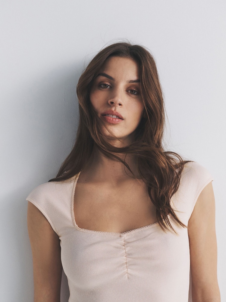 The Set 3 Pack Square Neck Rouched Lace Trim Detail T-Shirt Chocolate Brown/Pink/White - Image 1 of 6