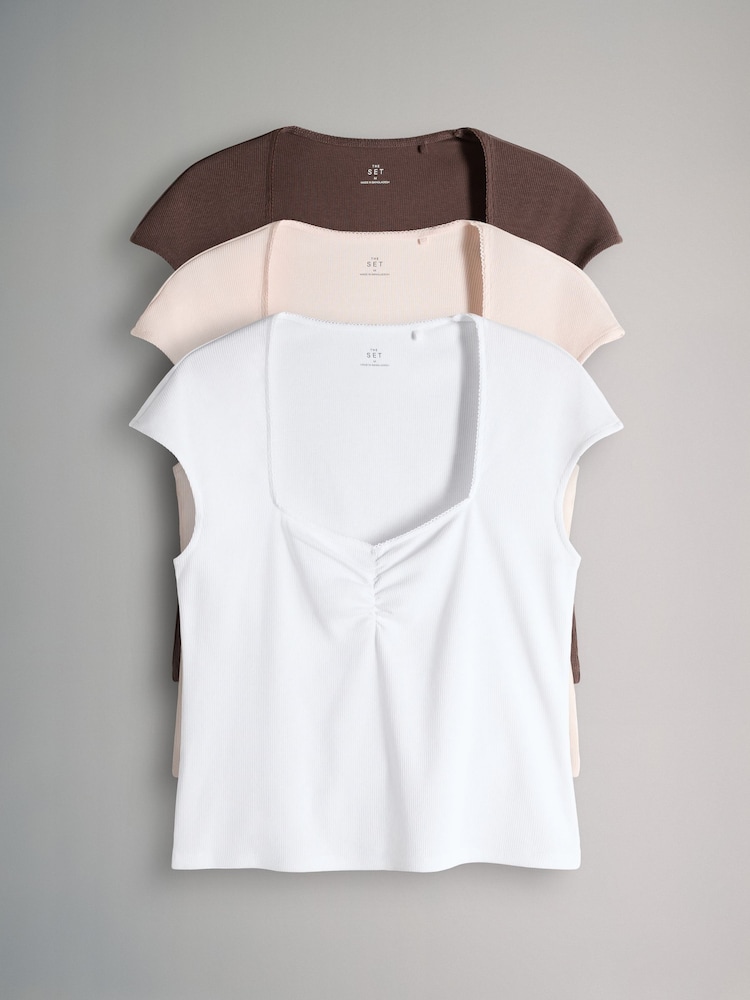 The Set 3 Pack Square Neck Rouched Lace Trim Detail T-Shirt Chocolate Brown/Pink/White - Image 2 of 6