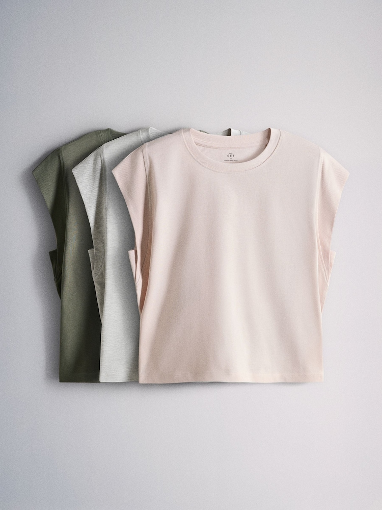 The Set 3 Pack Cap Sleeve T-Shirts Green/Grey/Pink - Image 5 of 5