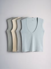 The Set Deep V-Neck Ribbed Vests 4 Pack Pale Blue/Pastel Yellow/Grey - Image 1 of 6