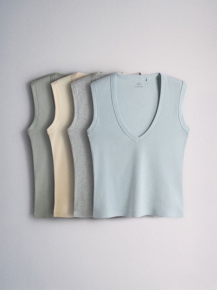 The Set Deep V-Neck Ribbed Vests 4 Pack Pale Blue/Pastel Yellow/Grey - Image 1 of 6