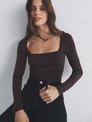 The Set 2 Pack Square Neck Ruched Bodysuits Black/Chocolate Brown - Image 1 of 6