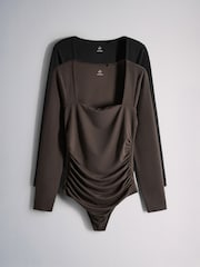 The Set 2 Pack Square Neck Ruched Bodysuits Black/Chocolate Brown - Image 2 of 6