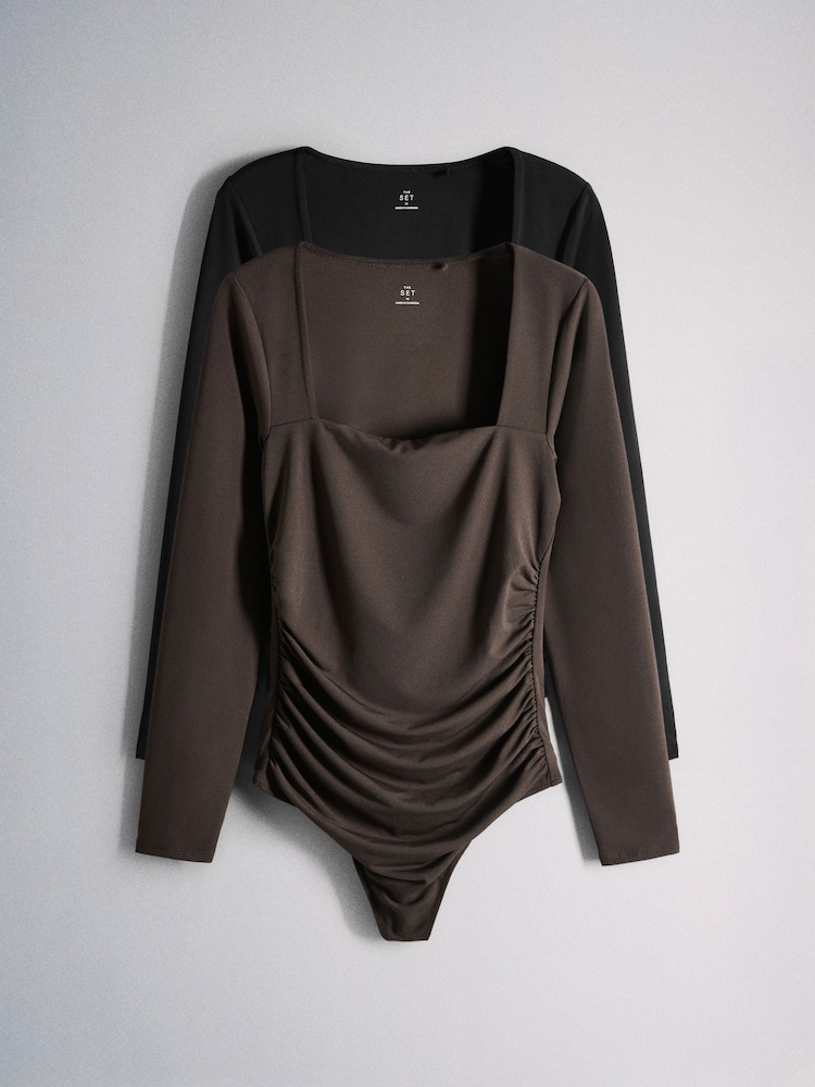 The Set 2 Pack Square Neck Ruched Bodysuits Black/Chocolate Brown - Image 2 of 6