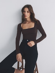 The Set 2 Pack Square Neck Ruched Bodysuits Black/Chocolate Brown - Image 4 of 6