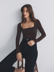 The Set 2 Pack Square Neck Ruched Bodysuits Black/Chocolate Brown - Image 5 of 6