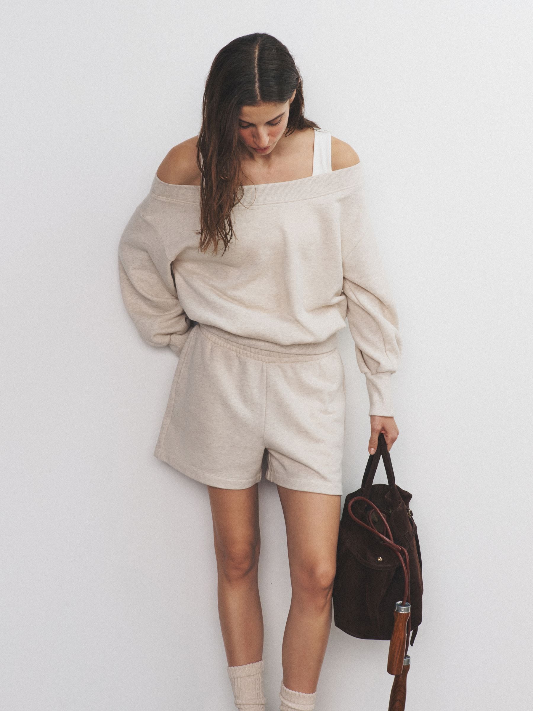 トップス andequal back open ribbon sweat OATMEAL Buy The Set 2 Pack Off the Shoulder Long Sleeve Sweatshirt Pink