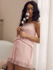 Laura Ashley Pink Modal Lace Trim Ribbed Pyjamas Set - Image 1 of 10