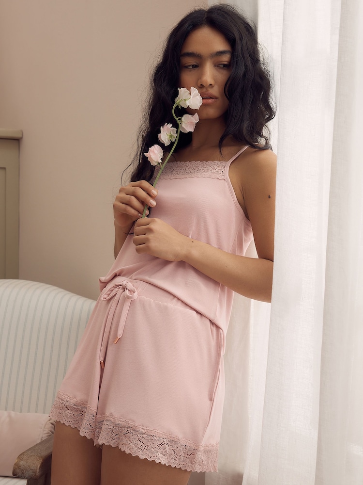 Laura Ashley Pink Modal Lace Trim Ribbed Pyjamas Set - Image 1 of 10 Laura Ashley Pink Modal Lace Trim Ribbed Pyjamas Set - Image 1 of 10