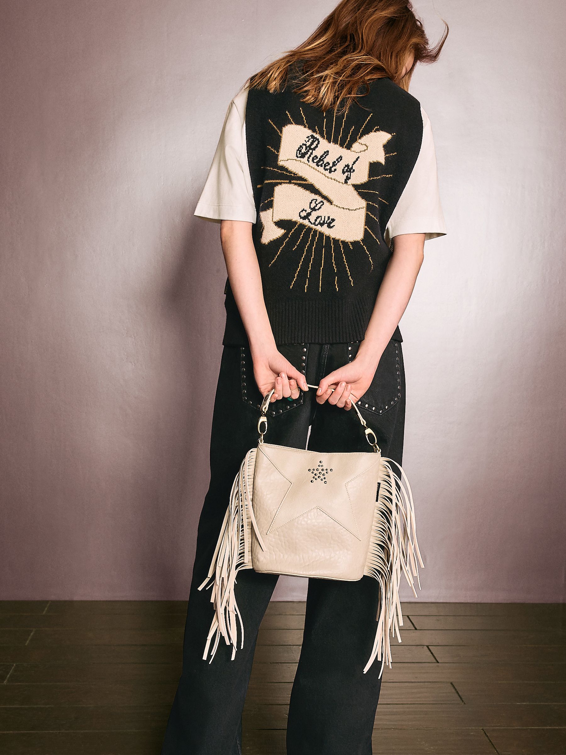 Buy Rockett St George Stone Star Studded Tassel PU Bucket Bag from