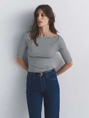 The Set 3 Pack Elbow Sleeve Ribbed Boat Neck Tops Navy/Stripe/White - Image 1 of 6