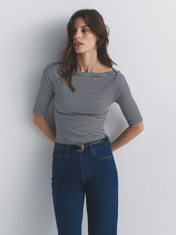 The Set 3 Pack Elbow Sleeve Ribbed Boat Neck Tops Navy/Stripe/White - Image 1 of 6