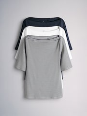 The Set 3 Pack Elbow Sleeve Ribbed Boat Neck Tops Navy/Stripe/White - Image 2 of 6