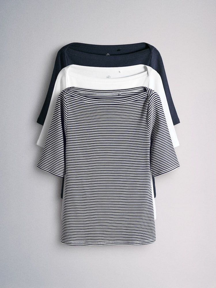 The Set 3 Pack Elbow Sleeve Ribbed Boat Neck Tops Navy/Stripe/White - Image 2 of 6
