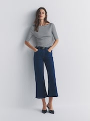 The Set 3 Pack Elbow Sleeve Ribbed Boat Neck Tops Navy/Stripe/White - Image 3 of 6