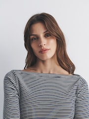 The Set 3 Pack Elbow Sleeve Ribbed Boat Neck Tops Navy/Stripe/White - Image 5 of 6