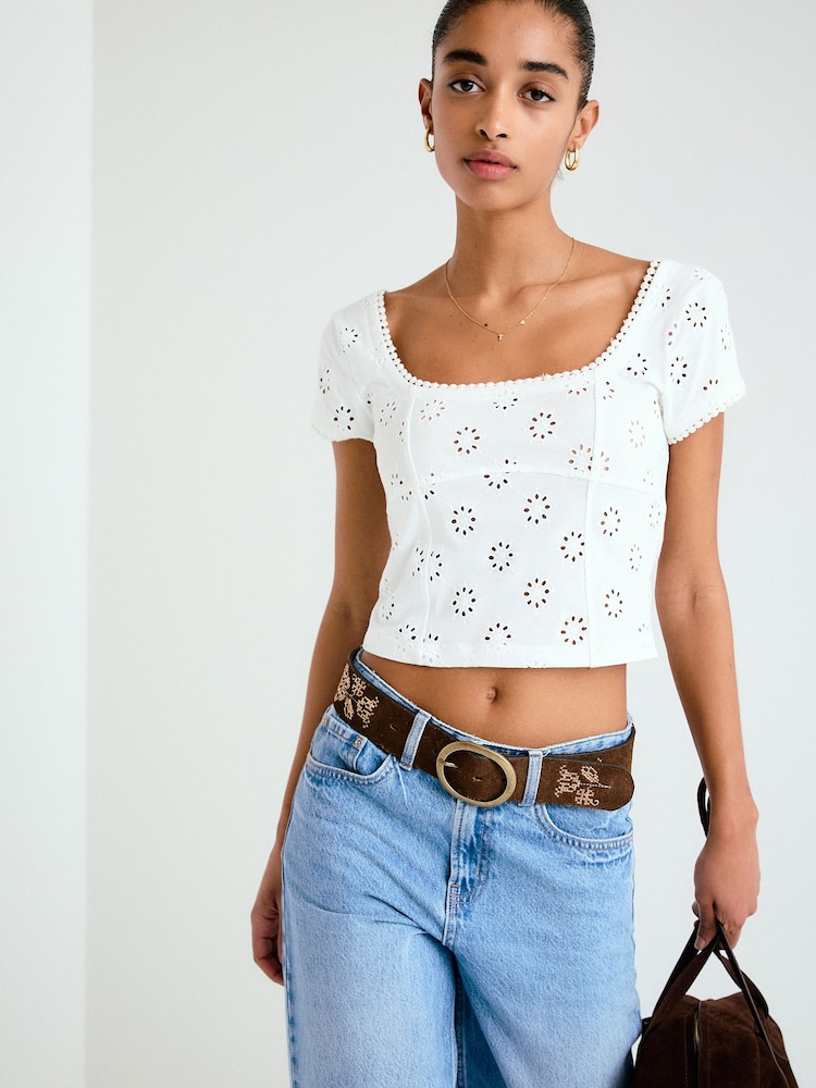 White Broderie Square Neck Cap Sleeve Top - Image 1 of 8