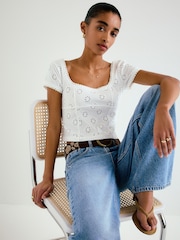White Broderie Square Neck Cap Sleeve Top - Image 2 of 8
