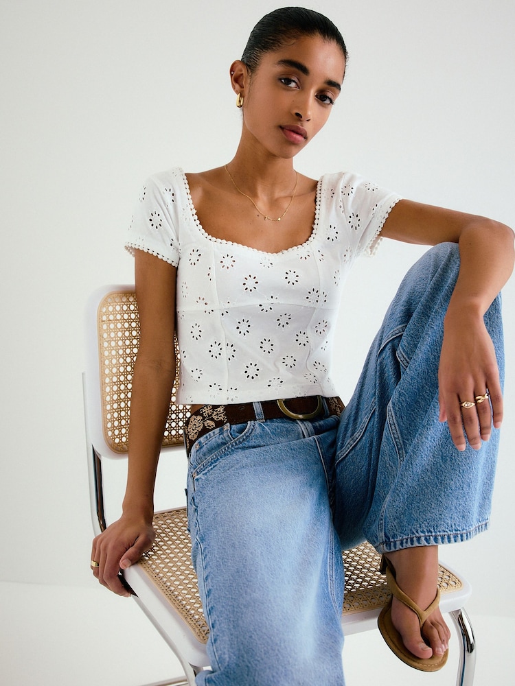 White Broderie Square Neck Cap Sleeve Top - Image 2 of 8