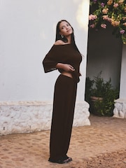 Chocolate Brown Knit Look Wide Leg Trousers - Image 1 of 8