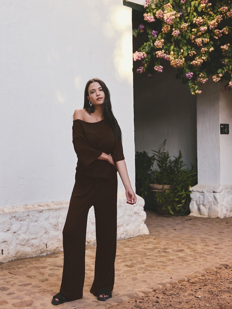 Chocolate Brown Knit Look Wide Leg Trousers - Image 2 of 8