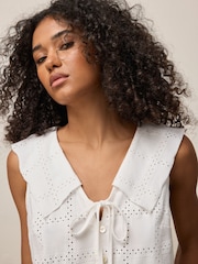 Alb - Sailor Collar Sleeveless Broderie Top - Imaginea 4 din 7