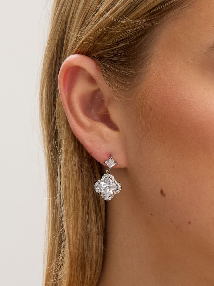 Jon Richard Silver Rhodium Plated and Cubic Zirconia Clover Drop Earrings - Image 2 of 3
