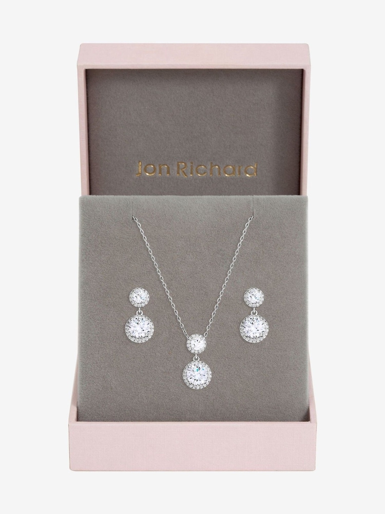 Jon Richard Silver Rhodium Plated and Cubic Zirconia Double Halo Drop Set Gift Box - Image 1 of 5