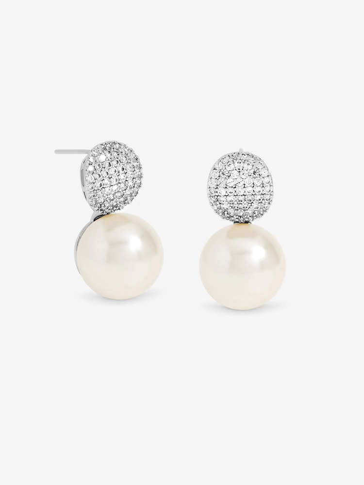 Jon Richard Silver Rhodium Plated Pave and Pearl Drop Earrings - Image 1 of 2
