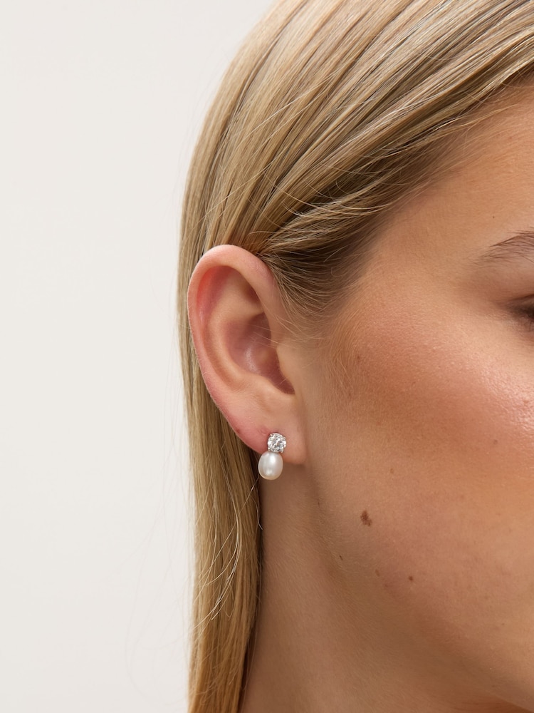 Jon Richard Silver Rhodium Plated Pave and Pearl Drop Earrings - Image 2 of 2