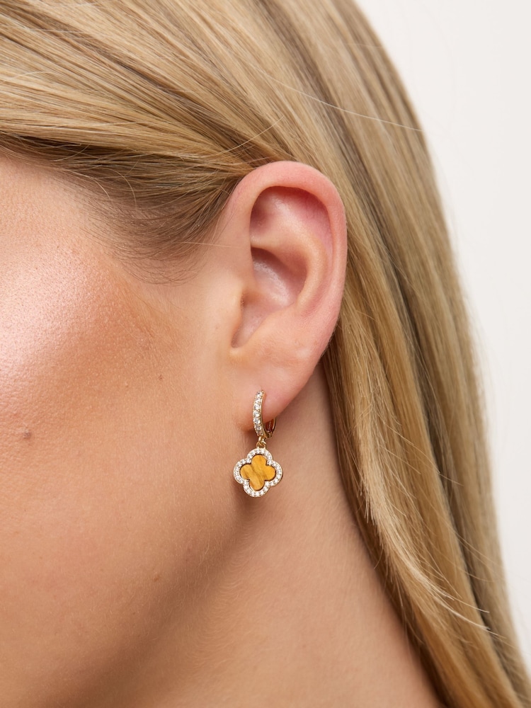 Jon Richard Gold Plated and Tigers Eye Clover Huggie Earrings - Image 2 of 3 Jon Richard Gold Plated and Tigers Eye Clover Huggie Earrings - Image 2 of 3