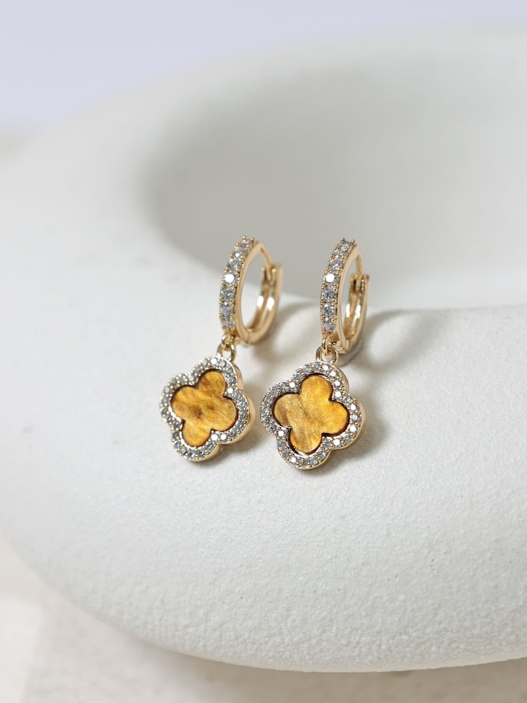 Jon Richard Gold Plated and Tigers Eye Clover Huggie Earrings - Image 3 of 3 Jon Richard Gold Plated and Tigers Eye Clover Huggie Earrings - Image 3 of 3