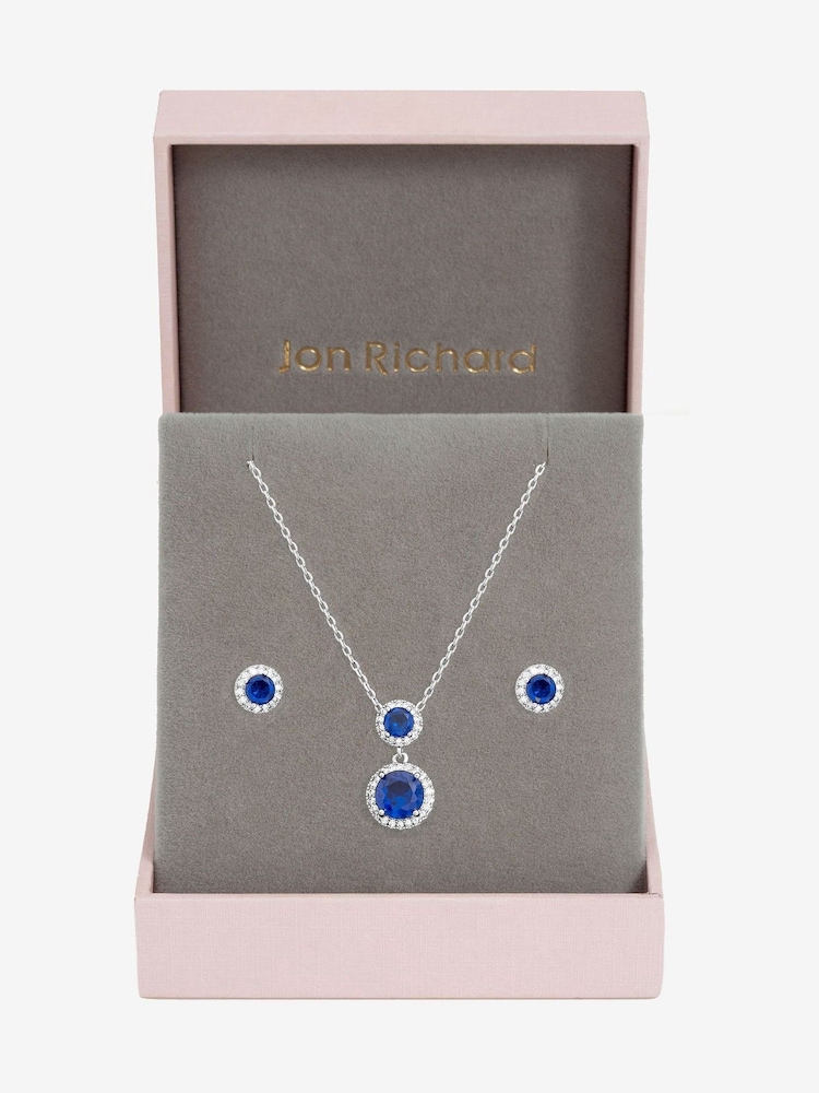 Jon Richard Silver Rhodium Plated and Cubic Zirconia Double Halo Sapphire Drop Set Gift Box - Image 1 of 2