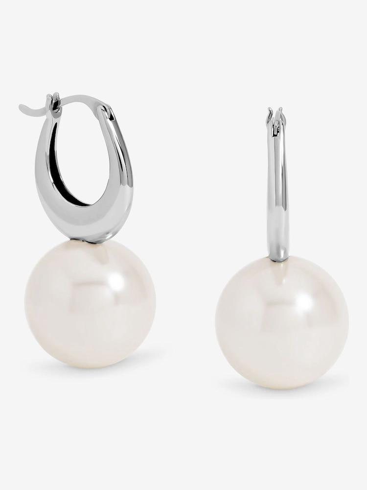 Jon Richard Silver Rhodium Plated Polished and Pearl Hoop Earrings - Image 1 of 1