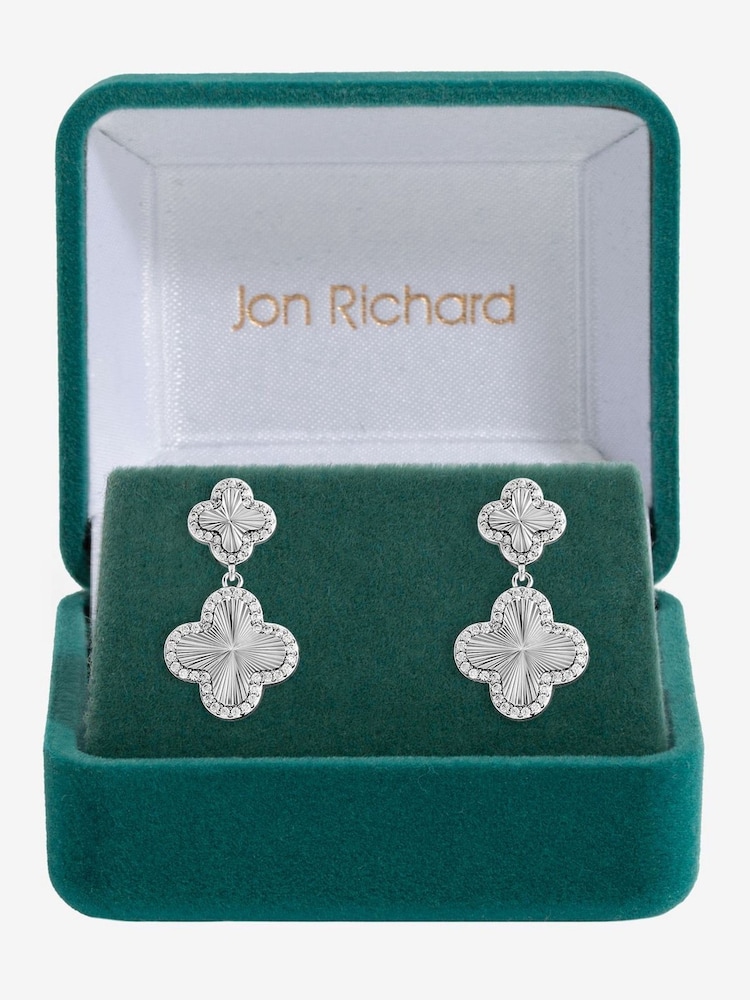 Jon Richard Silver Rhodium Plated and Diamond Clover Double Drop Earrings - Image 1 of 3 Jon Richard Silver Rhodium Plated and Diamond Clover Double Drop Earrings - Image 1 of 3