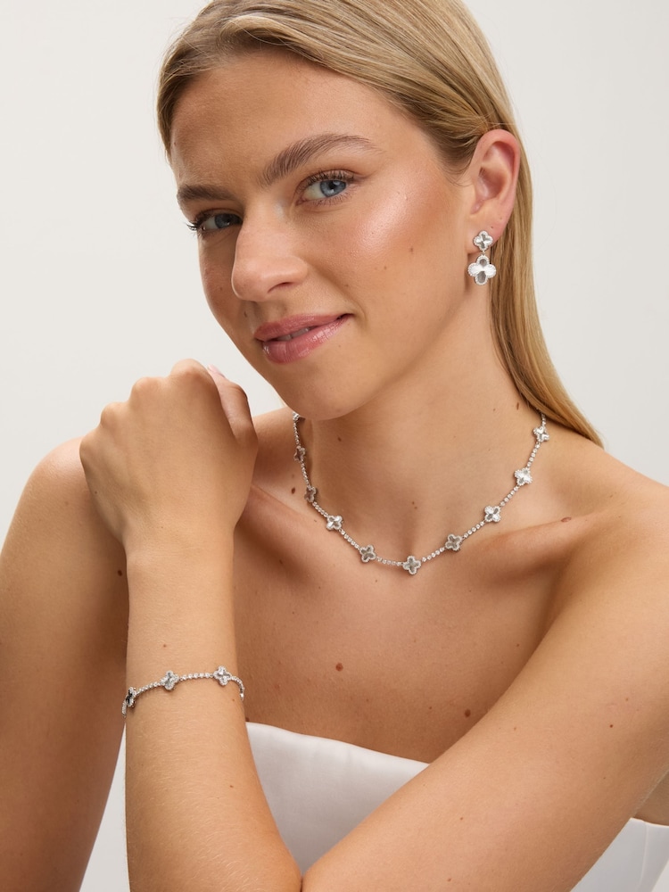 Jon Richard Silver Rhodium Plated and Diamond Clover Double Drop Earrings - Image 2 of 3 Jon Richard Silver Rhodium Plated and Diamond Clover Double Drop Earrings - Image 2 of 3