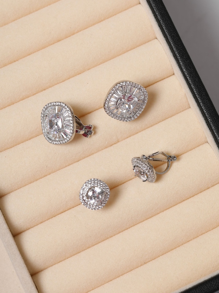 Jon Richard Silver Rhodium Plated Baguette Cubic Zirconia Stud Clip Earrings - Image 3 of 3