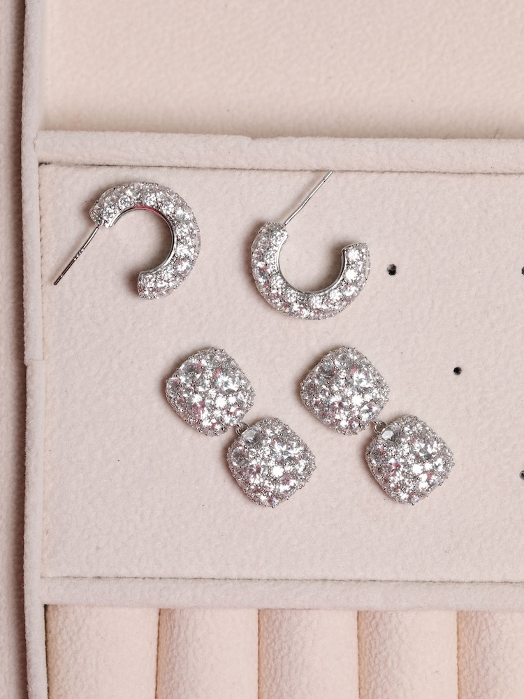 Jon Richard Silver Rhodium Plated Pave Square Double Drop Earrings - Image 3 of 3