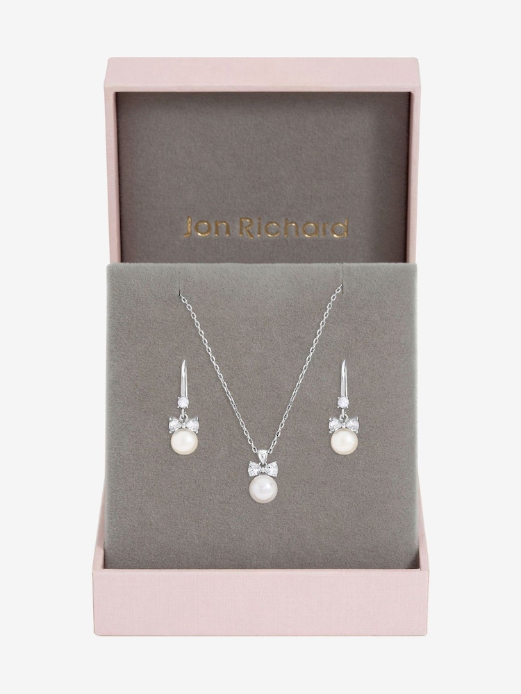 Jon Richard Silver Rhodium Plated Crystal Bow and Pearl Drop Set Gift Box - Image 1 of 4 Jon Richard Silver Rhodium Plated Crystal Bow and Pearl Drop Set Gift Box - Image 1 of 4