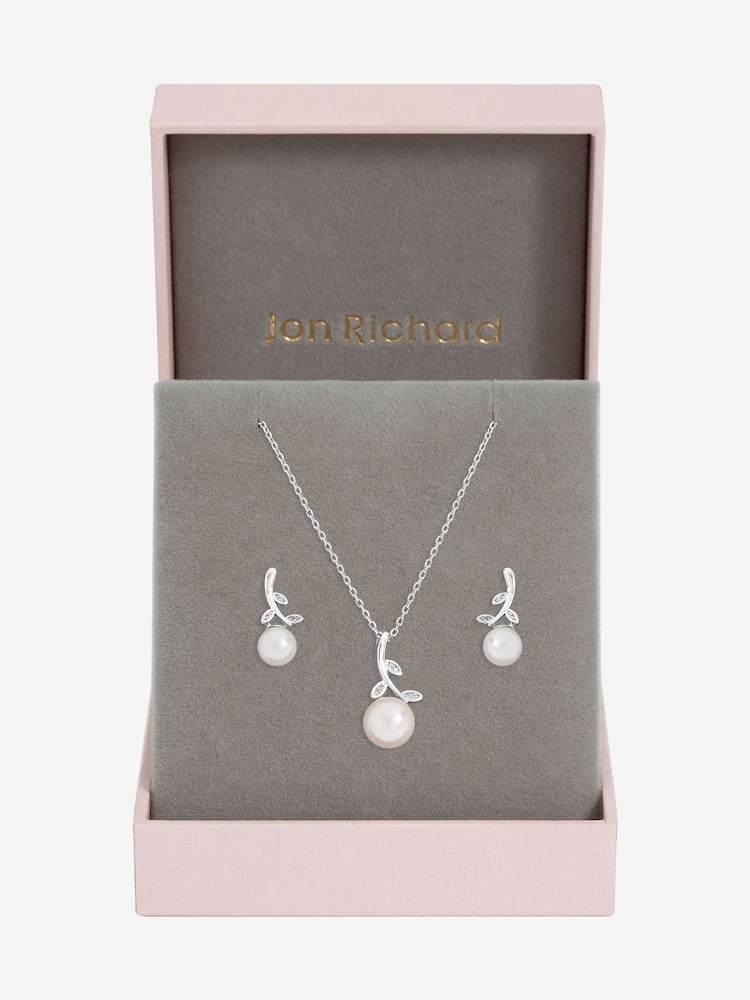 Jon Richard Silver Rhodium Plated Crystal Leaf and Pearl Drop Set - Gift Box - Image 1 of 2
