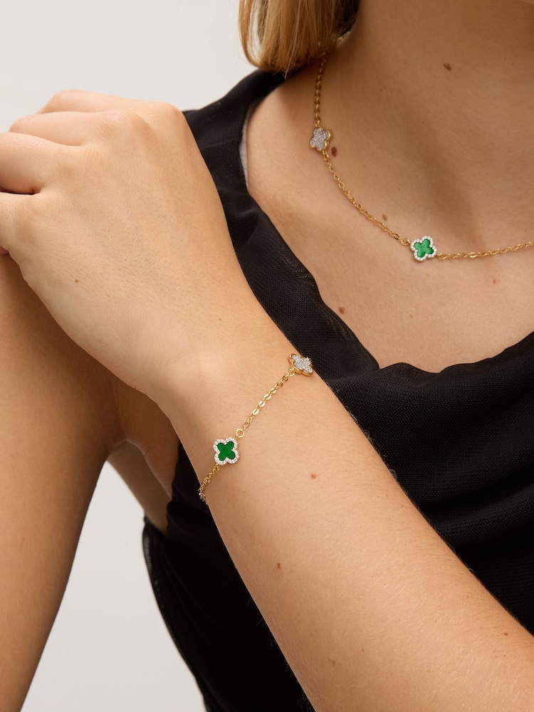 Jon Richard Gold Plated Pave and Malachite Clover Bracelet - Image 3 of 3