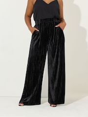 Yours Curve Black Crushed Velour Wide Leg Trousers - Image 1 of 5