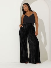 Yours Curve Black Crushed Velour Wide Leg Trousers - Image 2 of 5