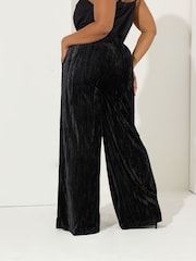 Yours Curve Black Crushed Velour Wide Leg Trousers - Image 3 of 5
