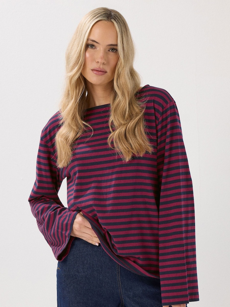 Long Tall Sally Black Burgundy Stripe Boat Neck Top - Image 1 of 5