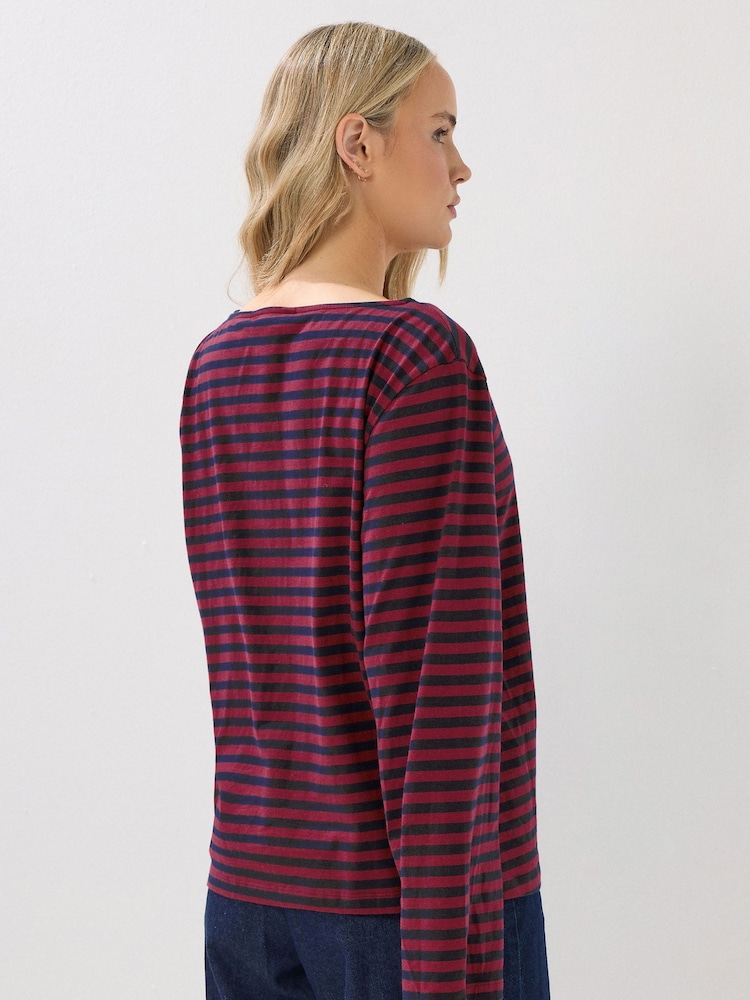 Long Tall Sally Black Burgundy Stripe Boat Neck Top - Image 2 of 5