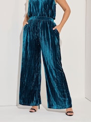 Yours Curve Blue Crushed Velour Wide Leg Trousers - Image 1 of 5